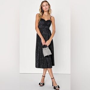 NWT Lulus Chic Sensibility Black Satin Jacquard Midi Dress Small